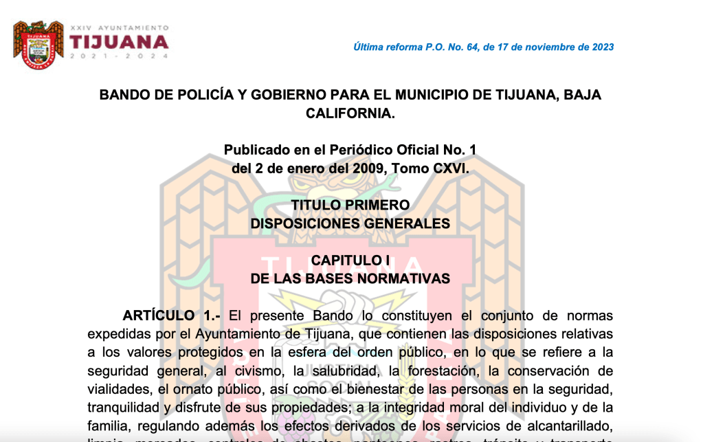 Reglamento de Bando de Policía y Buen Gobierno del Municipio de&nbsp;Tijuana